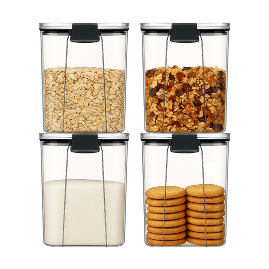 Voorraadpotten set van 5 – 1300 ml – Luchtdichte bewaardozen – Vershoudbakjes – Voedselcontainers – Bewaarpotten – Kunststof – BPA-vrij – Stapelbaar – Transparant – Voor pasta, ontbijtgranen, rijst, snoep, suiker