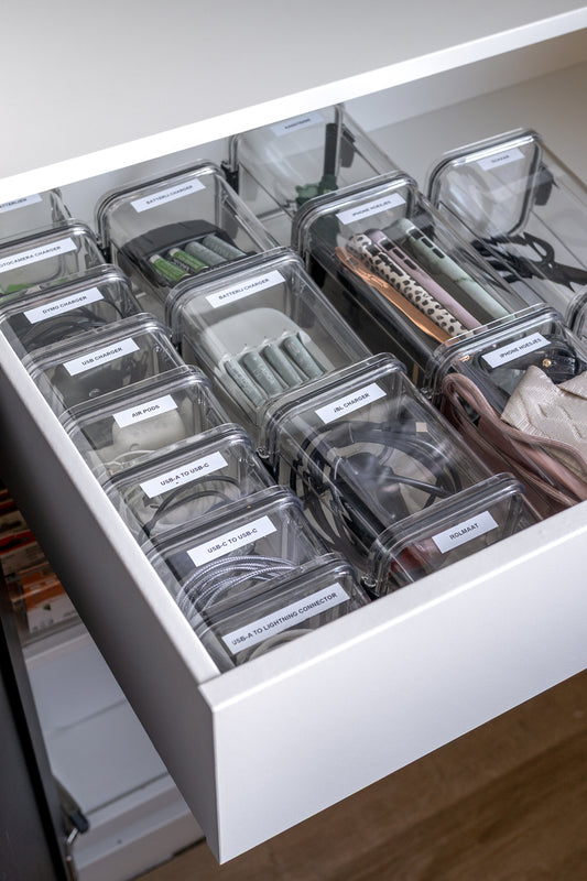 Transparante opbergbakjes voor kantoor & elektronica – Set van 5 (950 ml) | Stapelbaar & ruimtebesparend