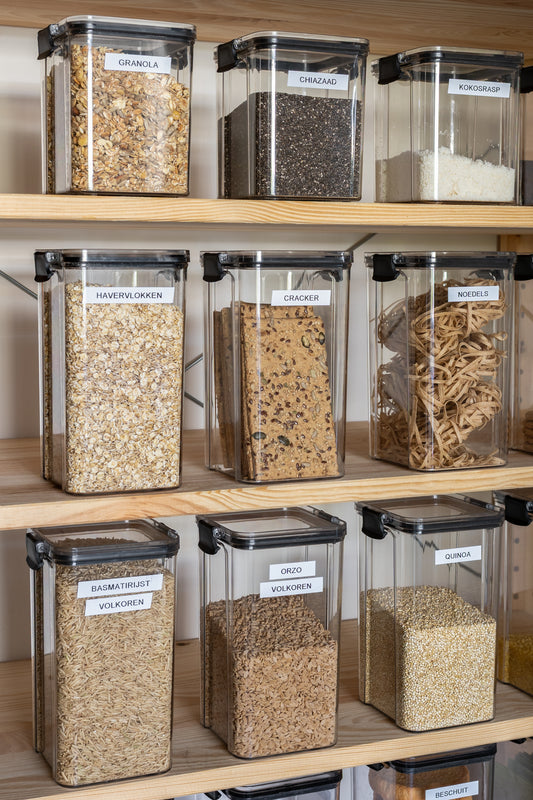 Voorraadpotten set van 5 – 1300 ml – Luchtdichte bewaardozen – Vershoudbakjes – Voedselcontainers – Bewaarpotten – Kunststof – BPA-vrij – Stapelbaar – Transparant – Voor pasta, ontbijtgranen, rijst, snoep, suiker