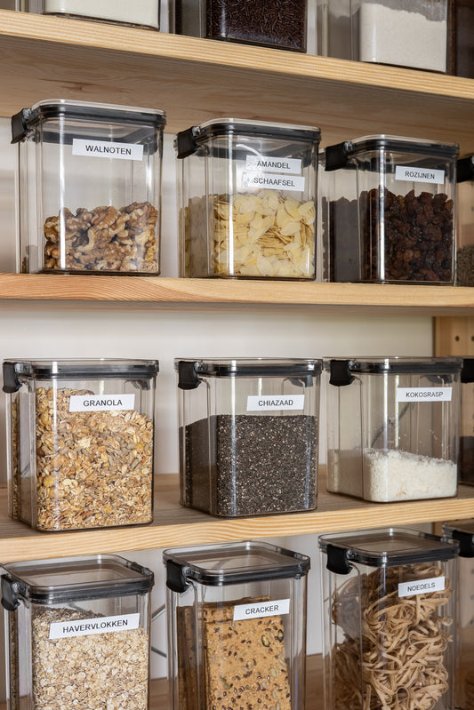 Voorraadpotten set van 5 – 950 ml – Luchtdichte bewaardozen – Vershoudbakjes – Voedselcontainers – Bewaarpotten – Kunststof – BPA-vrij – Stapelbaar – Transparant – Voor pasta, ontbijtgranen, rijst, snoep, suiker